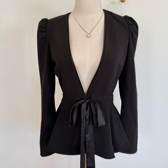 🌟 Bebe Black Stretch Tie-Front Puff-Shoulder Fitted Peplum Blazer - Picture 3 of 15